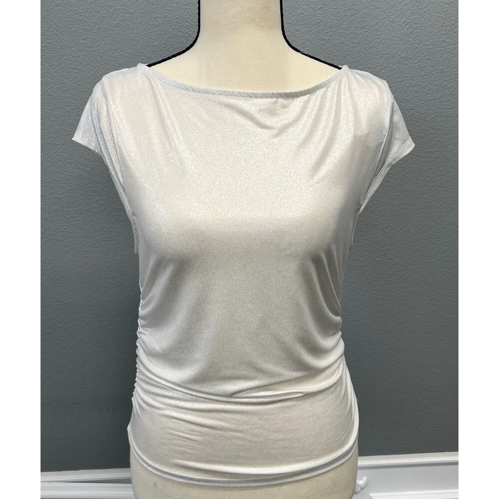 Wild Fable Shimmery Ruched Short-Sleeve Top-Light Silver, Size M